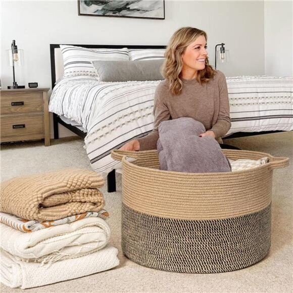 Extra Large Wicker Storage Basket, 83L Woven Blanket Storage for Living Room - Picture 2 of 7